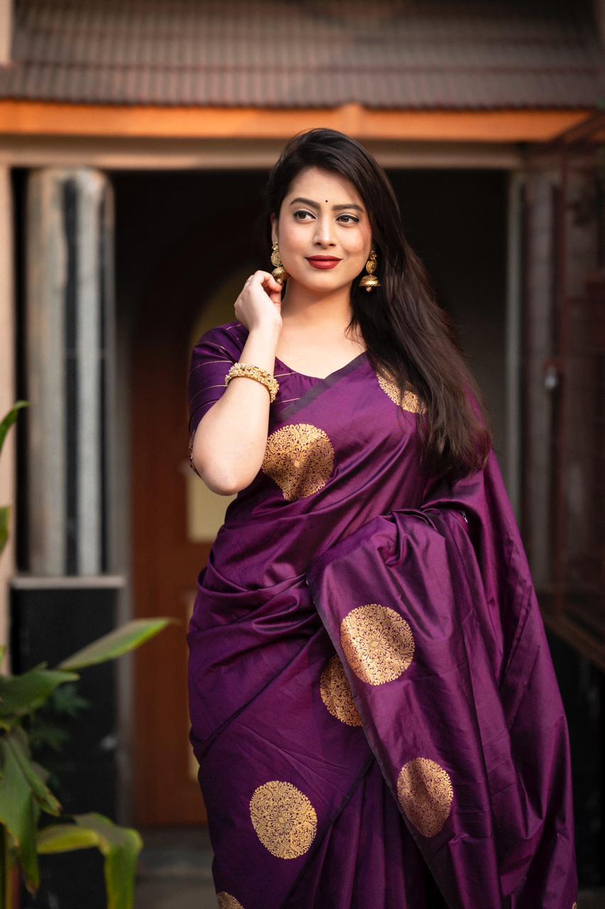 Purple Silk Woven Saree with Unstitched Blouse - Hiral Fashion - Distacart