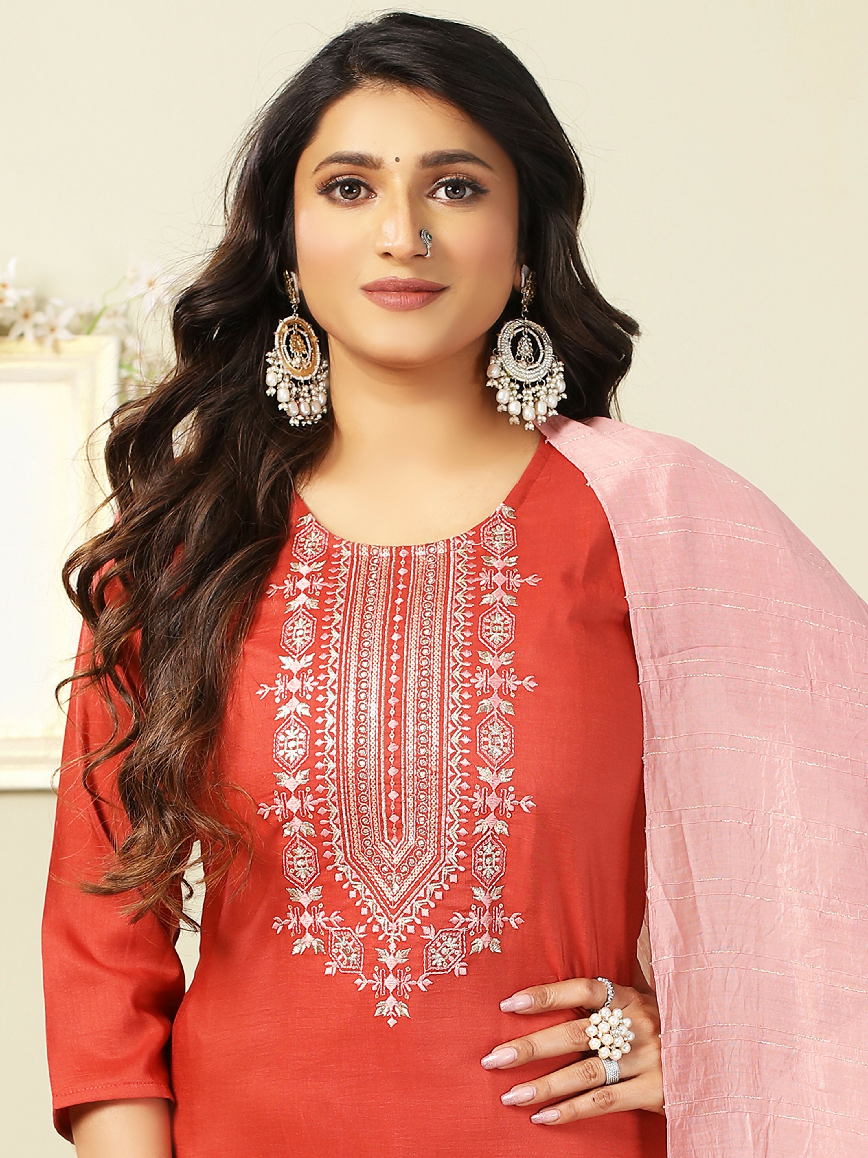 Vamika Chinon Embroidery Orange Party Wear/Casual Wear/Office Wear Kurta Set/Suit - Distacart