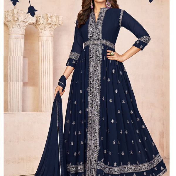 Anaita Navy Blue Embroidered Faux Georgette Anarkali Suit - Distacart