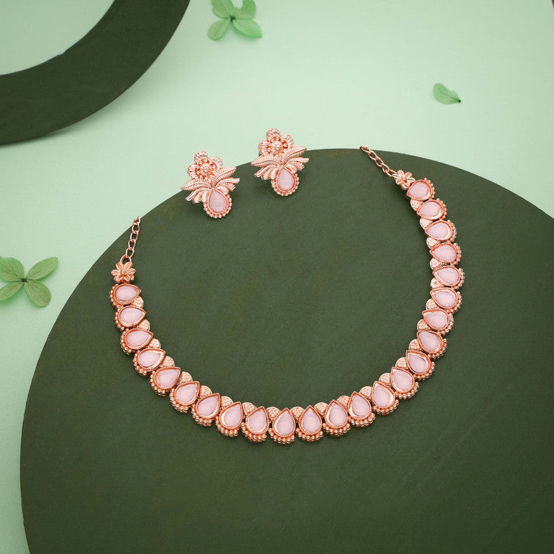Tehzeeb Creationss Rose Gold Polish Baby Pink Colour Necklace With Pair Of Earrings - Distacart