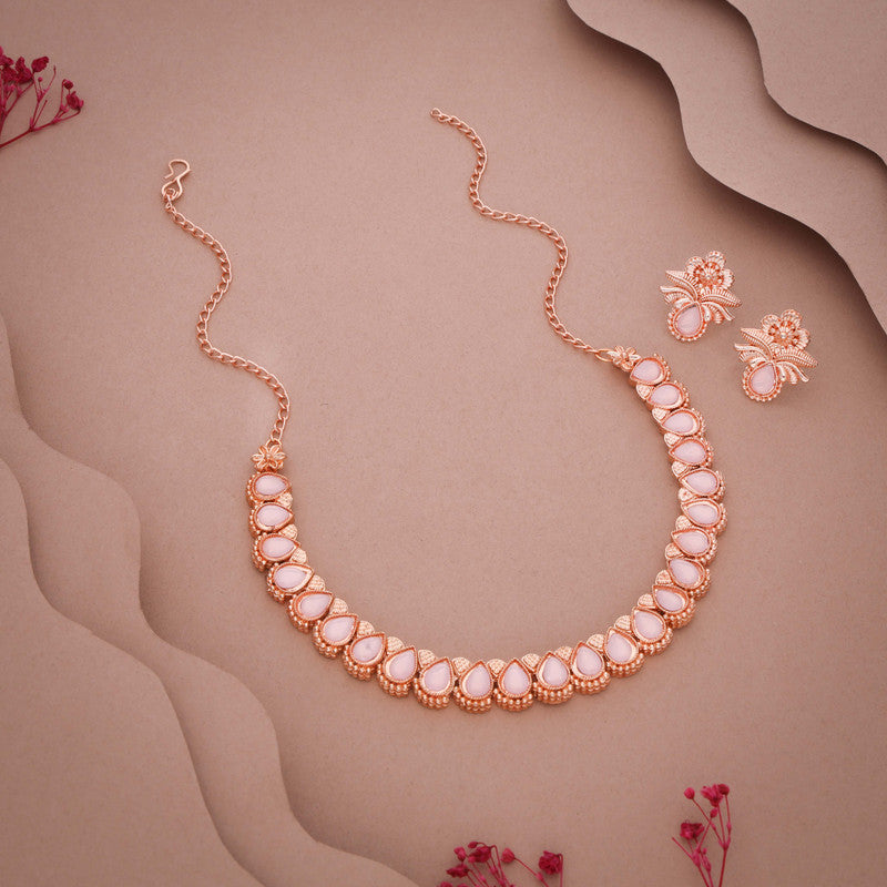 Tehzeeb Creationss Rose Gold Polish Baby Pink Colour Necklace With Pair Of Earrings - Distacart