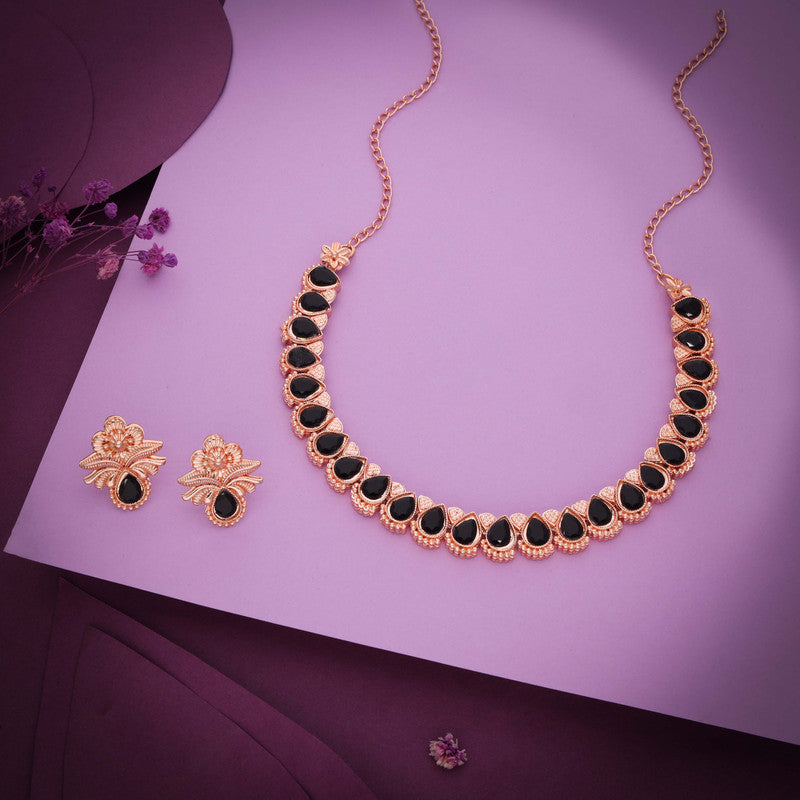 Tehzeeb Creationss Rose Gold Polish Black Colour Necklace With Pair Of Earrings - Distacart