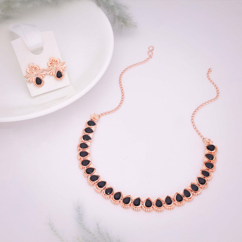 Tehzeeb Creationss Rose Gold Polish Black Colour Necklace With Pair Of Earrings - Distacart
