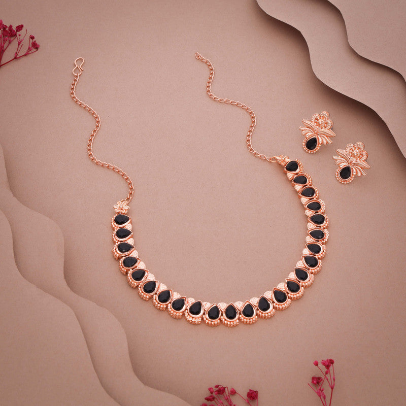 Tehzeeb Creationss Rose Gold Polish Black Colour Necklace With Pair Of Earrings - Distacart