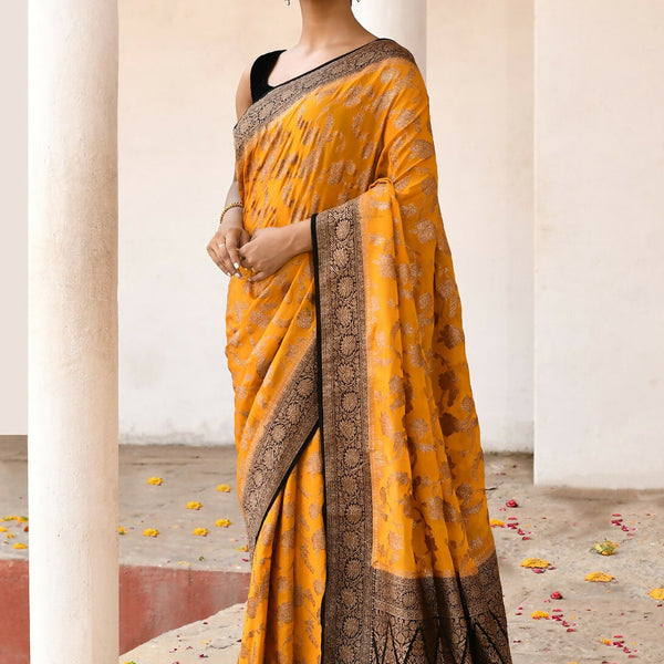 Joban Fashion Yellow Crepe Chiffon Pure Handloom Banarasi Silk Saree - Dista