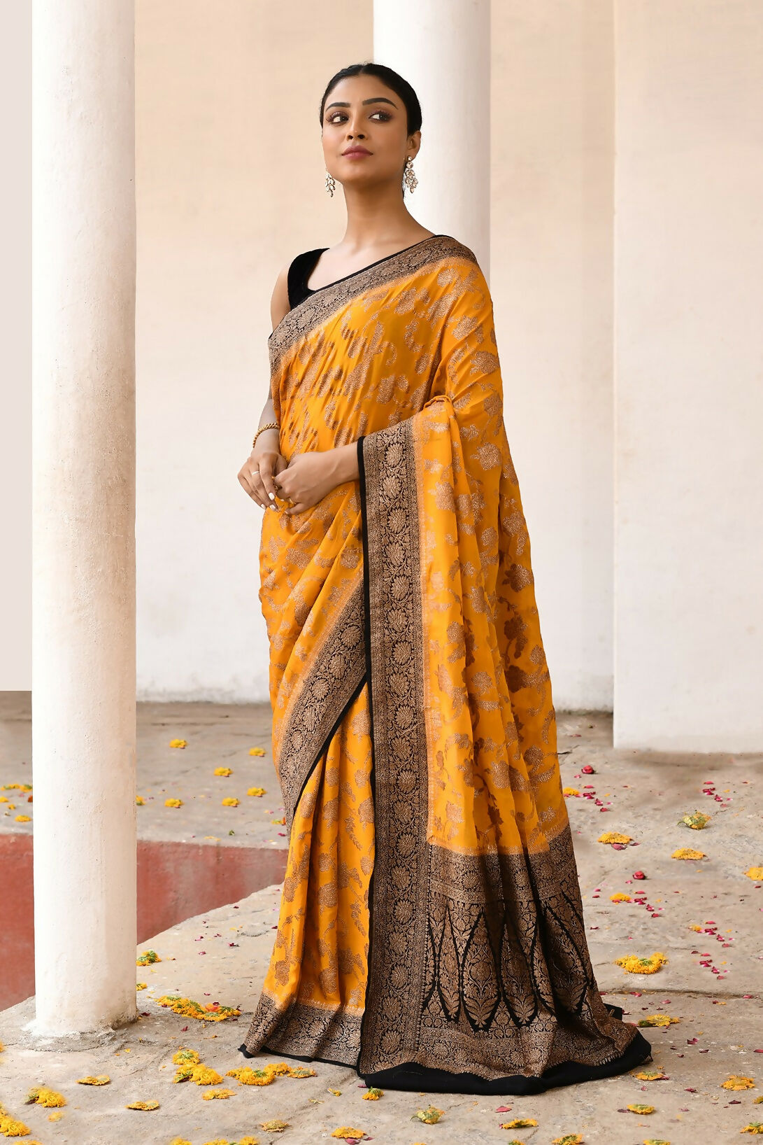 Joban Fashion Yellow Crepe Chiffon Pure Handloom Banarasi Silk Saree - Dista
