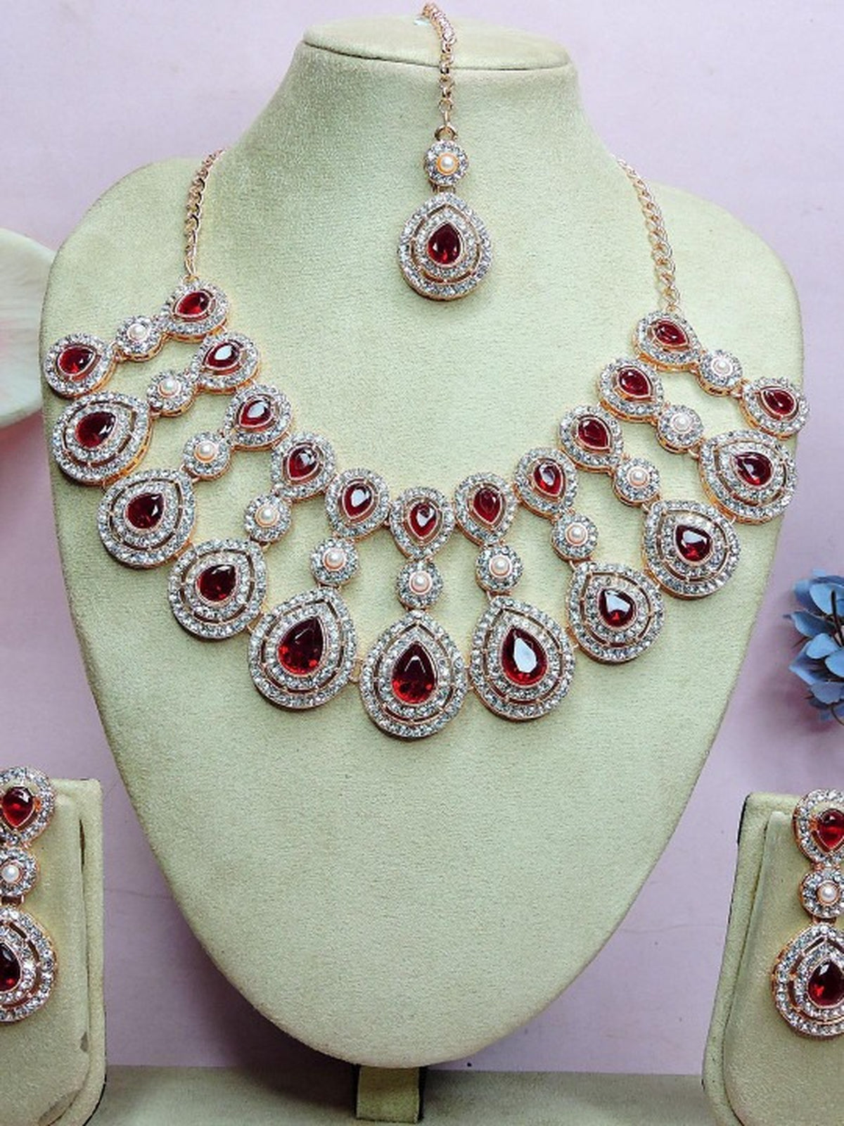Jewel City Rose Gold-Plated Necklace Set with Earrings & Maang Tikka for Women – Sparkling Bridal Party Jewelry - Distacart