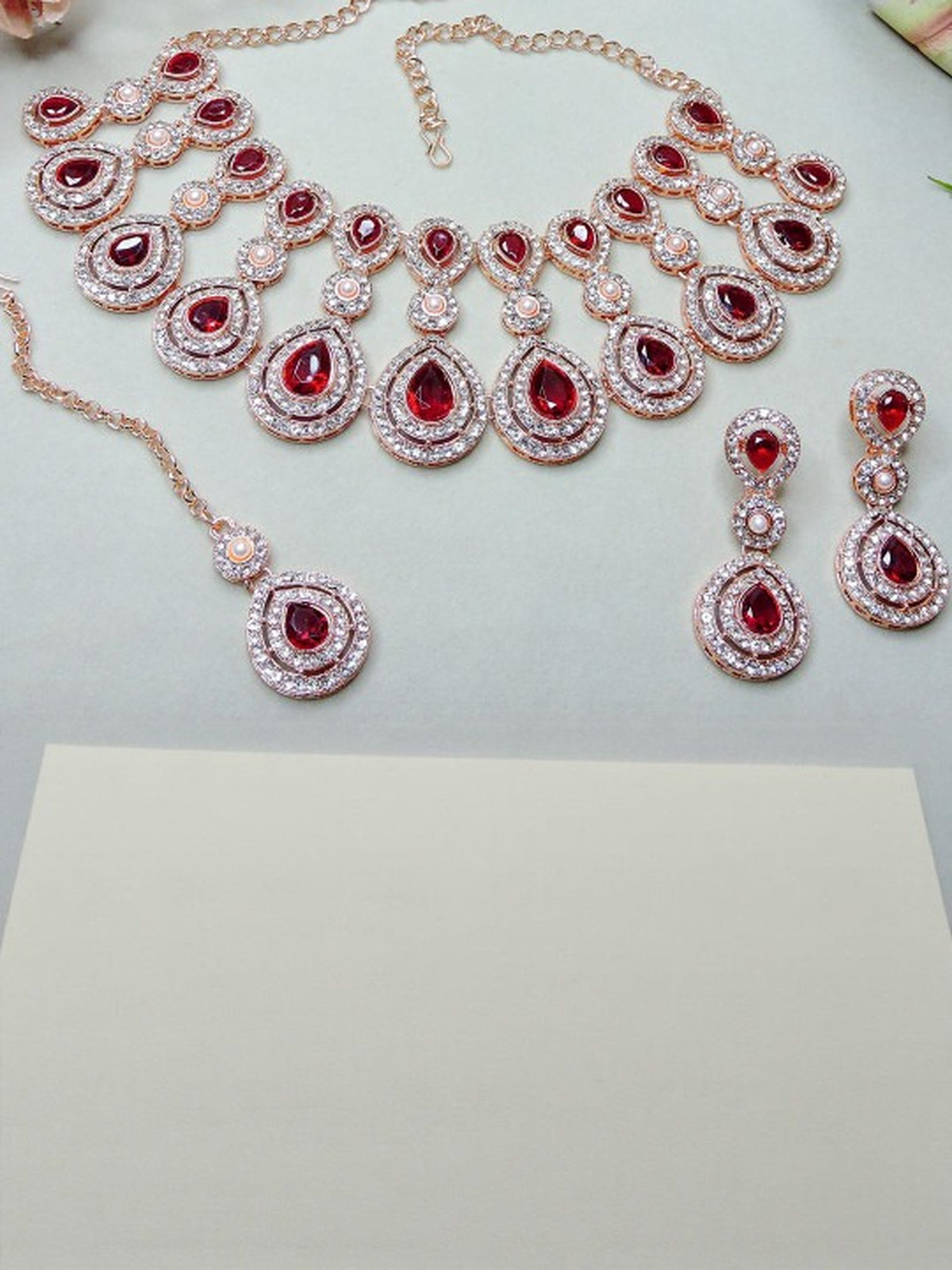 Jewel City Rose Gold-Plated Necklace Set with Earrings & Maang Tikka for Women – Sparkling Bridal Party Jewelry - Distacart