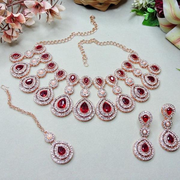 Jewel City Rose Gold-Plated Necklace Set with Earrings & Maang Tikka for Women – Sparkling Bridal Party Jewelry - Distacart