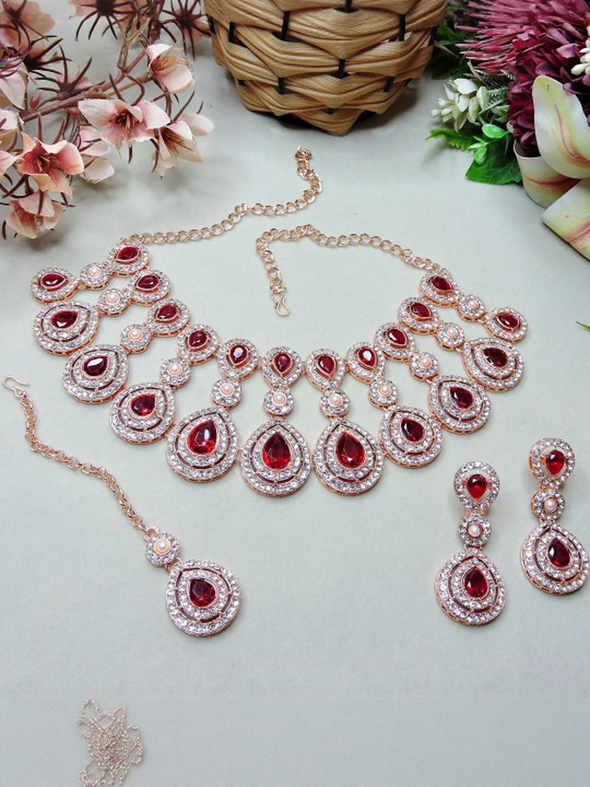 Jewel City Rose Gold-Plated Necklace Set with Earrings & Maang Tikka for Women – Sparkling Bridal Party Jewelry - Distacart