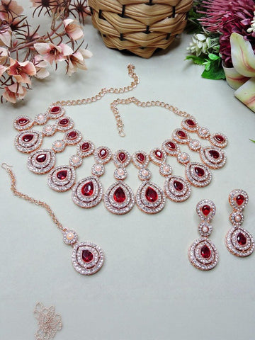 Jewel City Rose Gold-Plated Necklace Set with Earrings & Maang Tikka for Women – Sparkling Bridal Party Jewelry - Distacart
