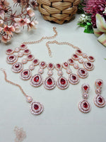 Thumbnail for Jewel City Rose Gold-Plated Necklace Set with Earrings & Maang Tikka for Women – Sparkling Bridal Party Jewelry - Distacart