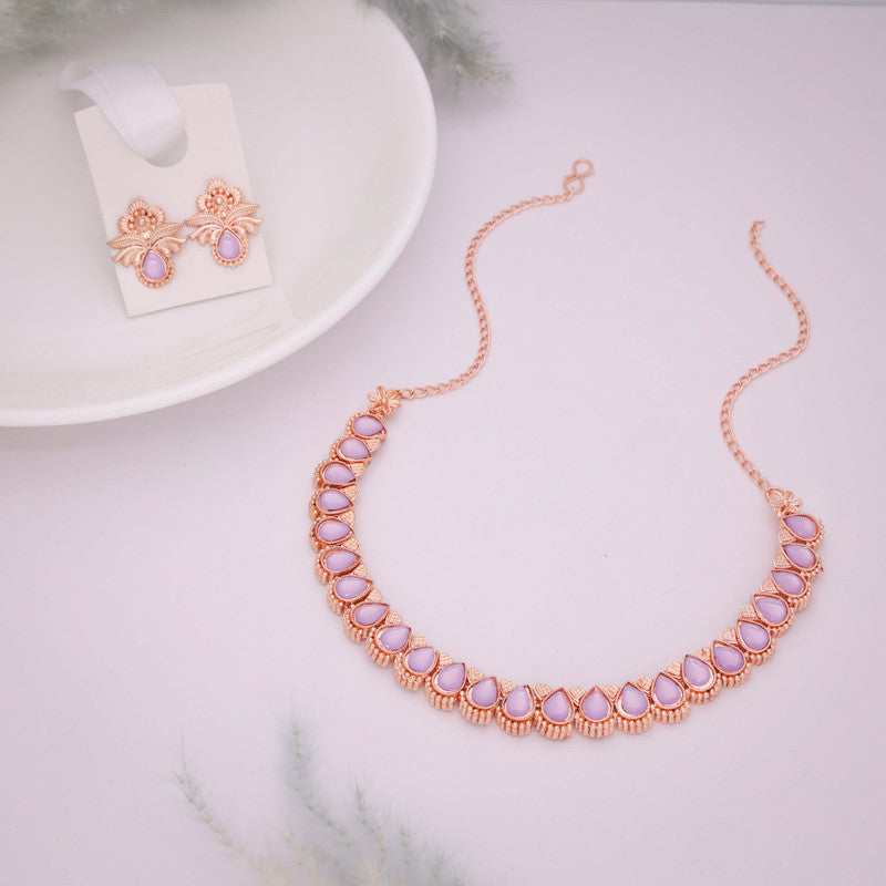 Tehzeeb Creationss Rose Gold Polish Lavender Colour Necklace With Pair Of Earrings - Distacart
