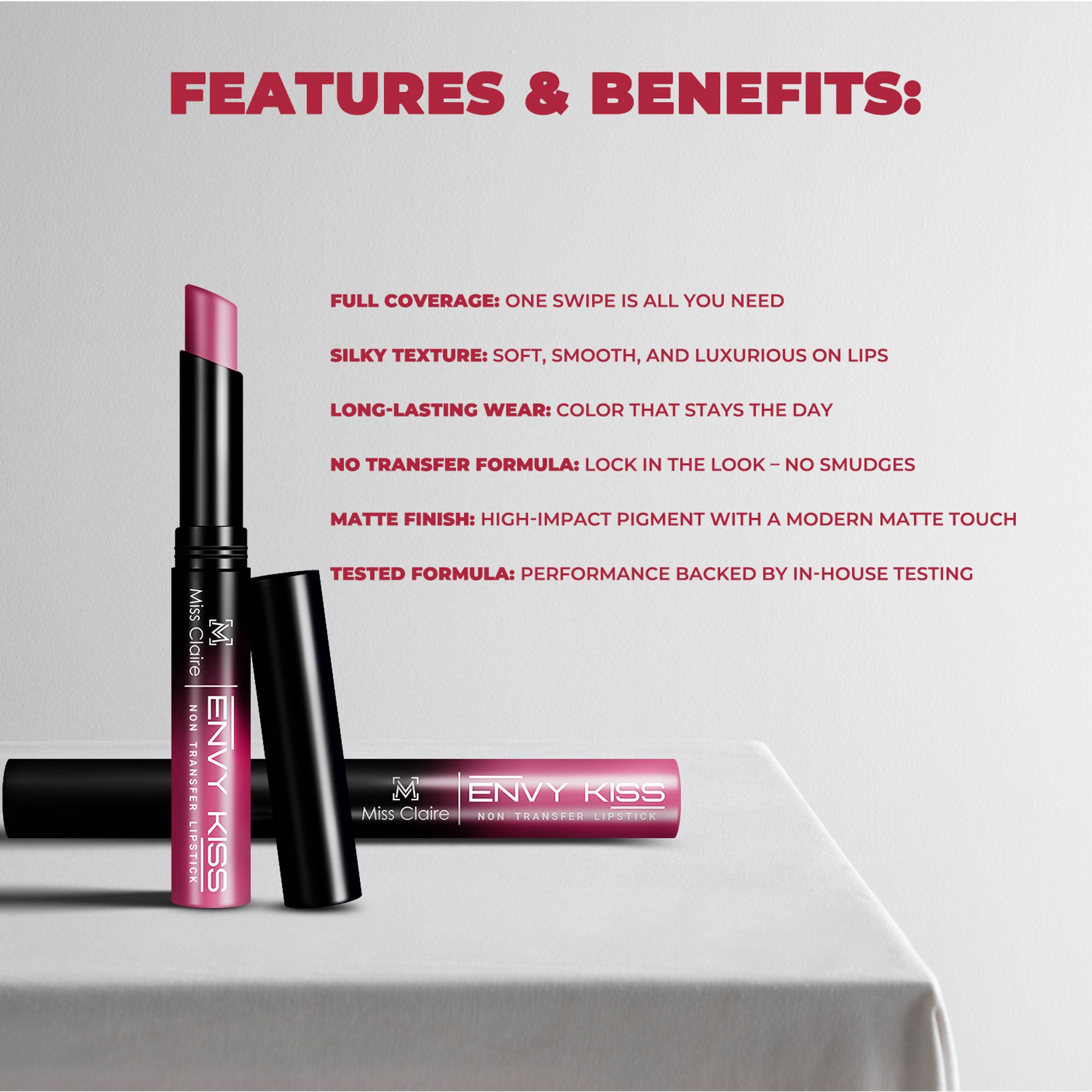 Miss Claire Envy Kiss Non Transfer Lipstick - 01 Queen Bee