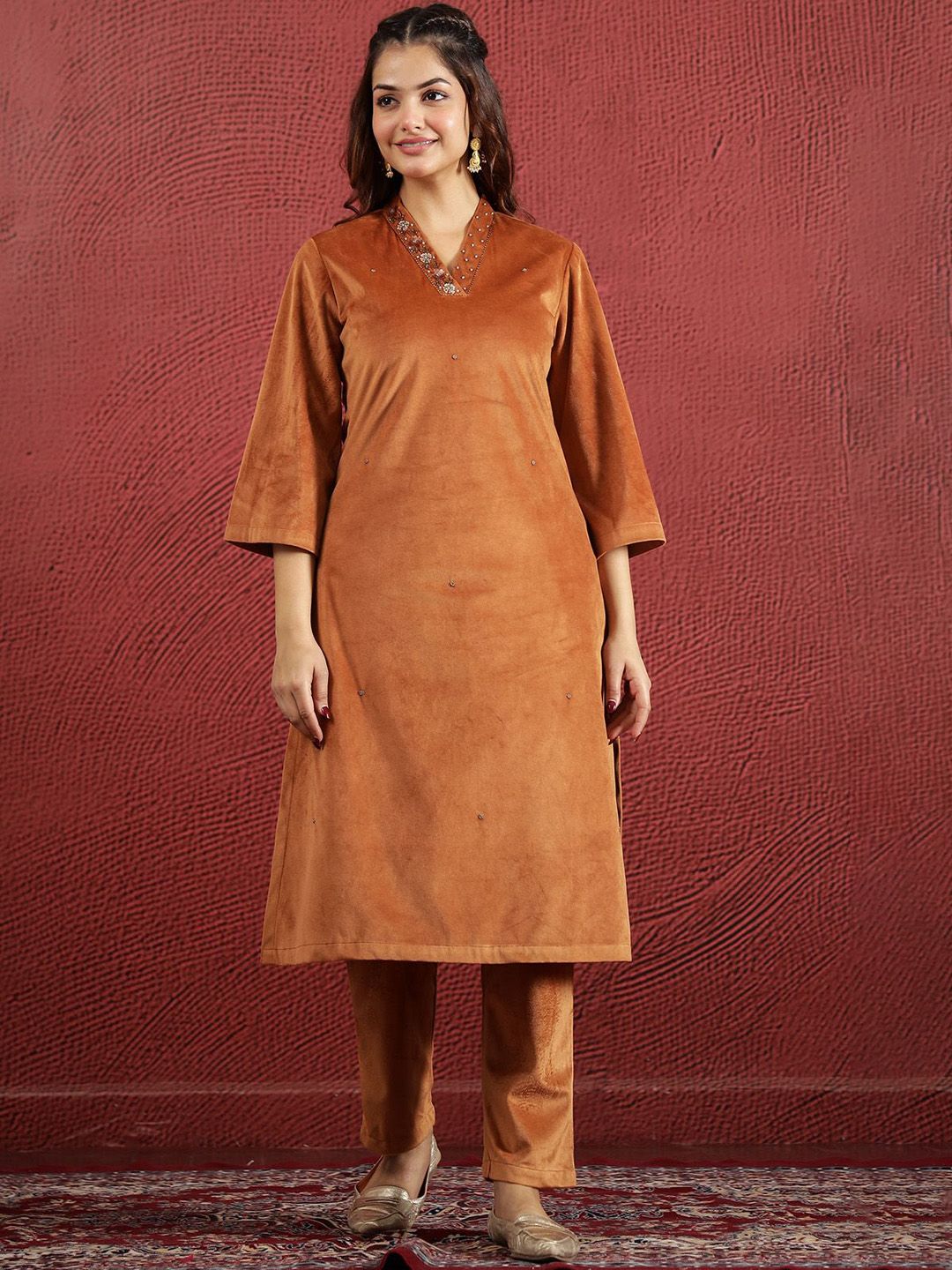 Sangria V-Neck Kurta & Trouser With Dupatta