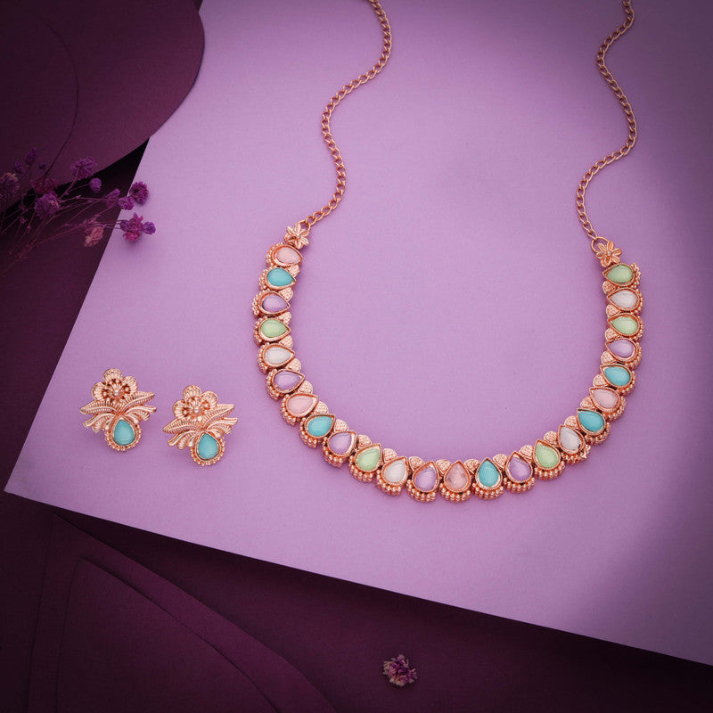Tehzeeb Creationss Rose Gold Polish Multi Colour Necklace With Pair Of Earrings - Distacart
