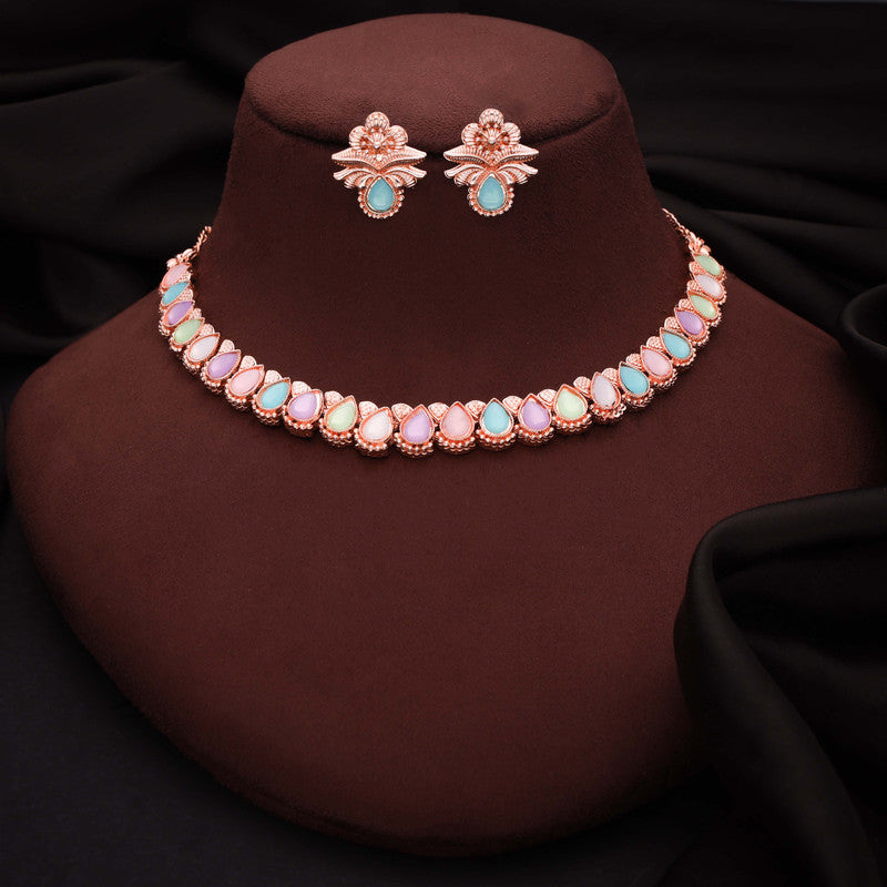 Tehzeeb Creationss Rose Gold Polish Multi Colour Necklace With Pair Of Earrings - Distacart