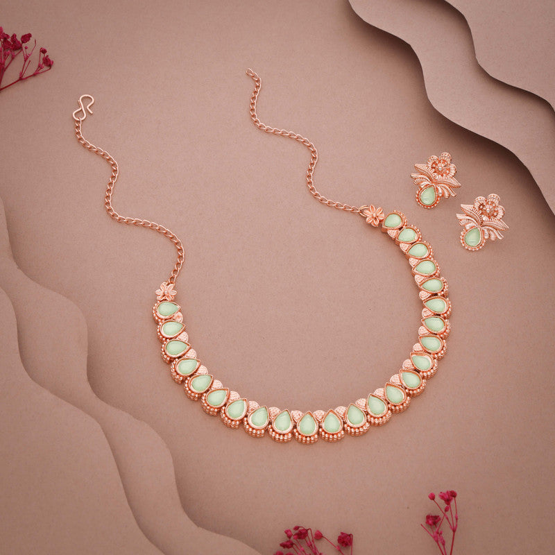 Tehzeeb Creationss Rose Gold Polish Sea Green Colour Necklace With Pair Of Earrings - Distacart