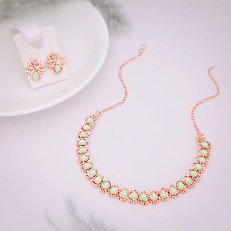 Tehzeeb Creationss Rose Gold Polish Sea Green Colour Necklace With Pair Of Earrings - Distacart