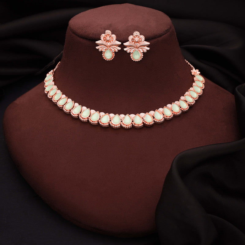Tehzeeb Creationss Rose Gold Polish Sea Green Colour Necklace With Pair Of Earrings - Distacart