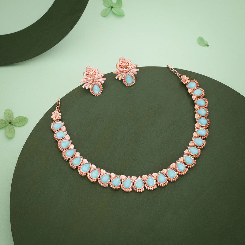 Tehzeeb Creationss Rose Gold Polish Sky Blue Colour Necklace With Pair Of Earrings - Distacart
