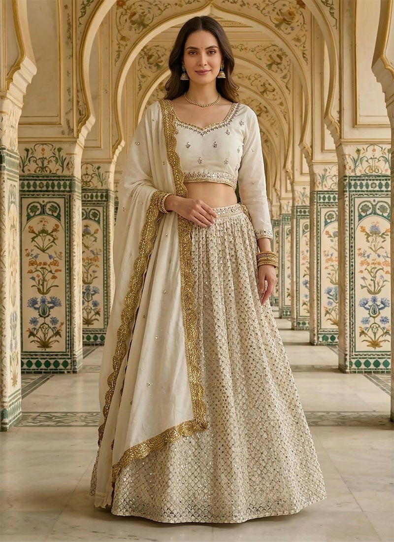 Lehenga Mart White Faux Georgette Designer Bollywood Style Wedding Wear Lehenga Choli - Dista