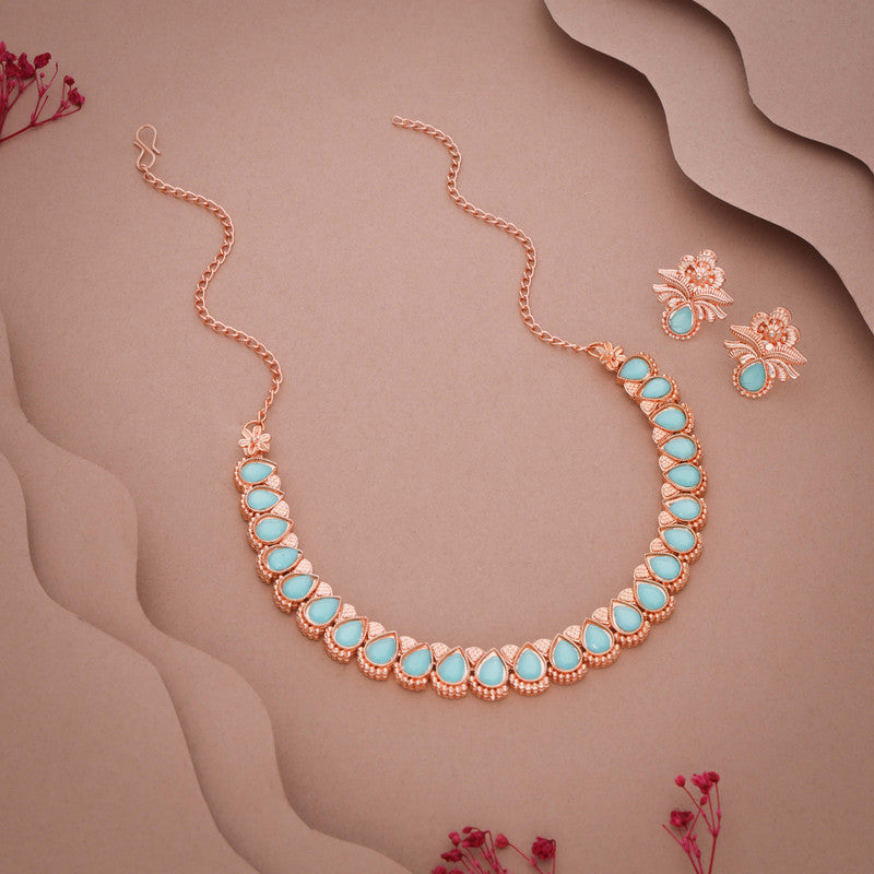 Tehzeeb Creationss Rose Gold Polish Sky Blue Colour Necklace With Pair Of Earrings - Distacart