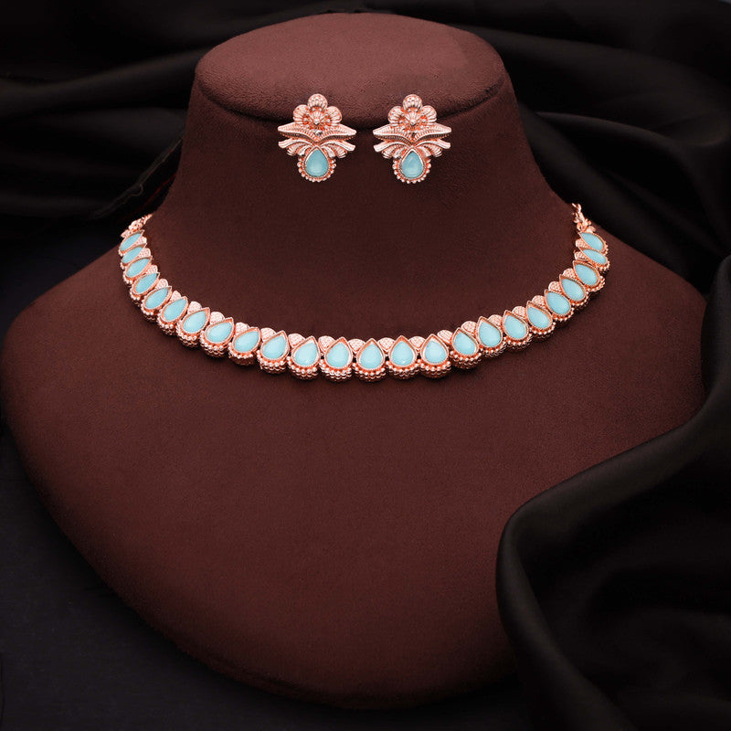 Tehzeeb Creationss Rose Gold Polish Sky Blue Colour Necklace With Pair Of Earrings - Distacart