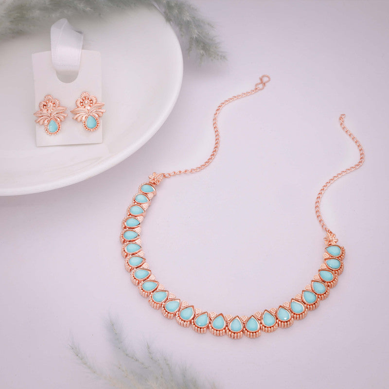 Tehzeeb Creationss Rose Gold Polish Sky Blue Colour Necklace With Pair Of Earrings - Distacart