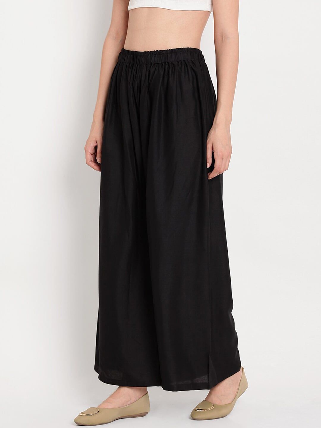 TAG 7 Women Black Solid Flared Palazzos - Distacart