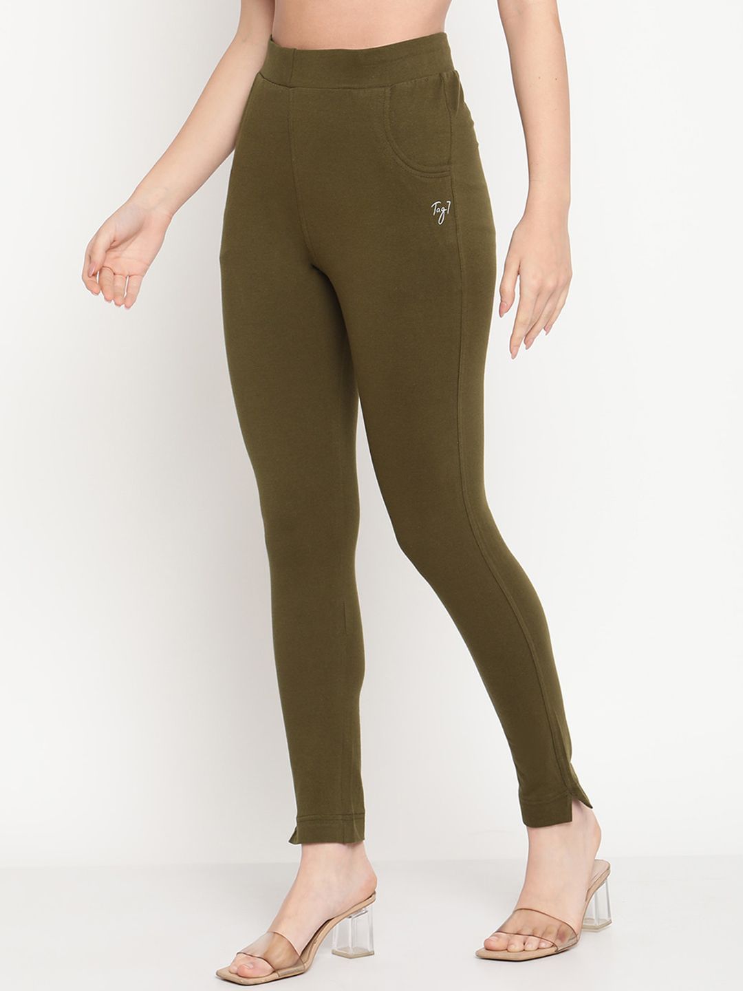 TAG 7 Women Olive Green Solid Ankle-Length Leggings - Distacart