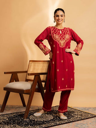 HOUSE OF KARI Floral Embroidered Chikankari Kurta With Palazzos - Distacart