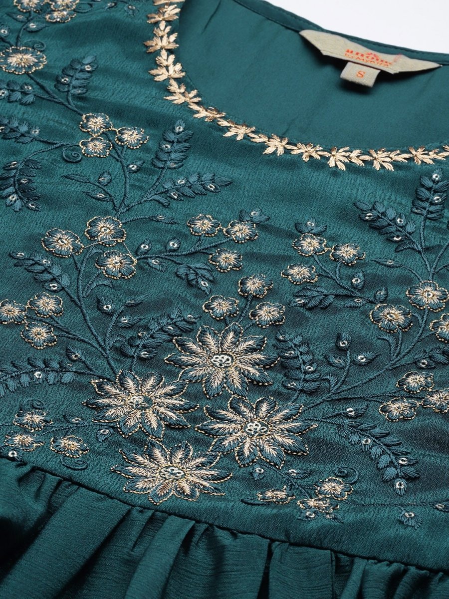 Anouk Women Teal Blue Embroidered Floral Yoke Design Layered Kurta with Churidar & Dupatta - Distacart