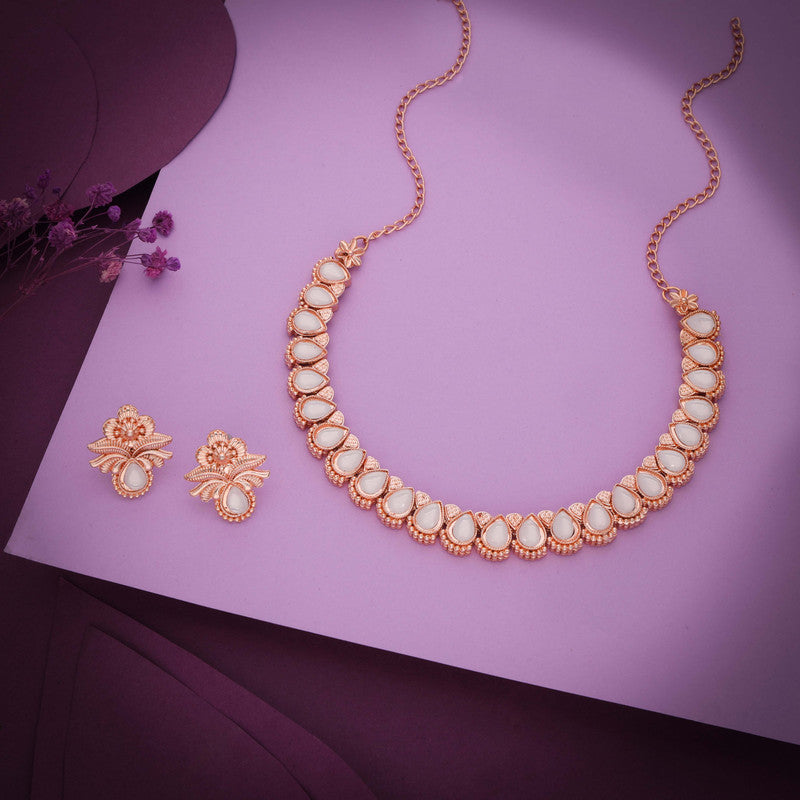 Tehzeeb Creationss Rose Gold Polish White Colour Necklace With Pair Of Earrings - Distacart