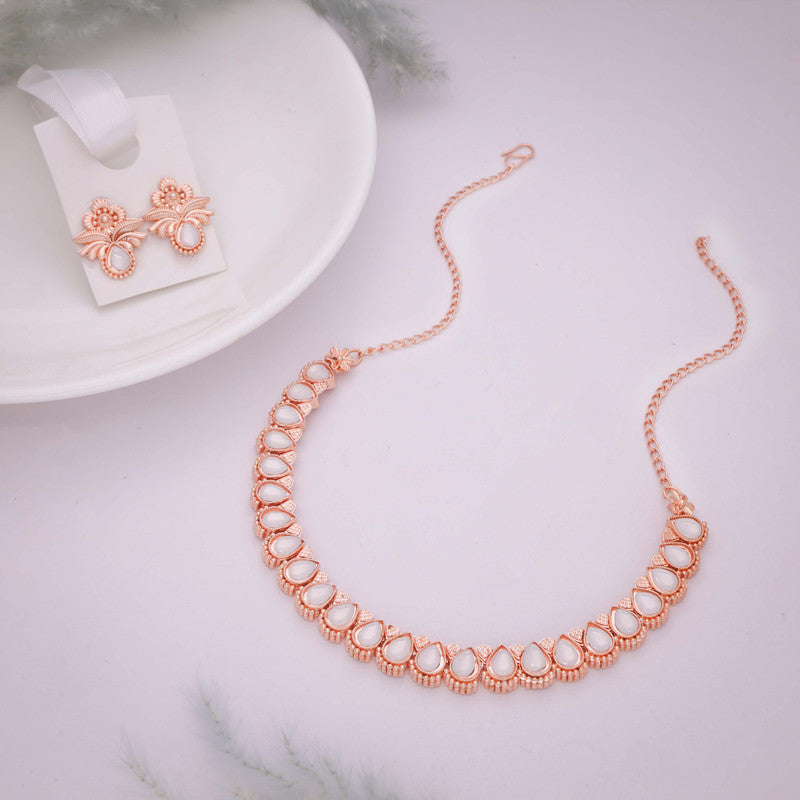 Tehzeeb Creationss Rose Gold Polish White Colour Necklace With Pair Of Earrings - Distacart