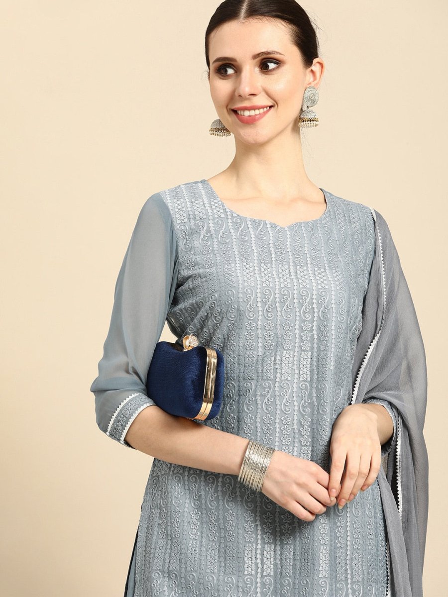 Anouk Women Grey Ethnic Motifs Embroidered Straight Kurta with Palazzos Dupatta - Distacart