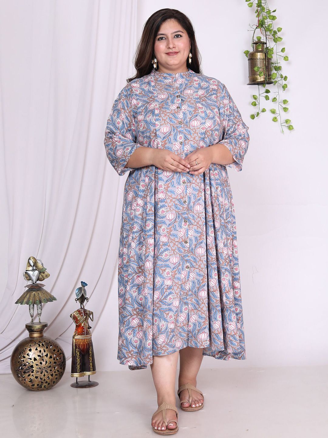 Swasti Plus Size Floral Printed Mandarin Collar Cotton A-Line Midi Ethnic Dress - Distacart