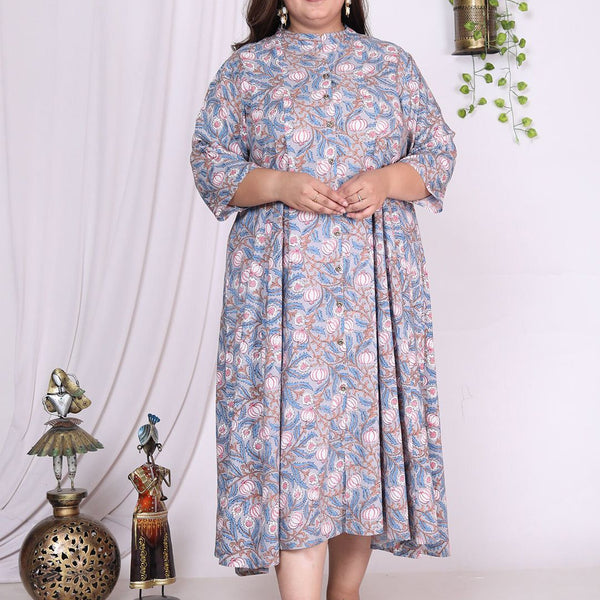 Swasti Plus Size Floral Printed Mandarin Collar Cotton A-Line Midi Ethnic Dress - Distacart