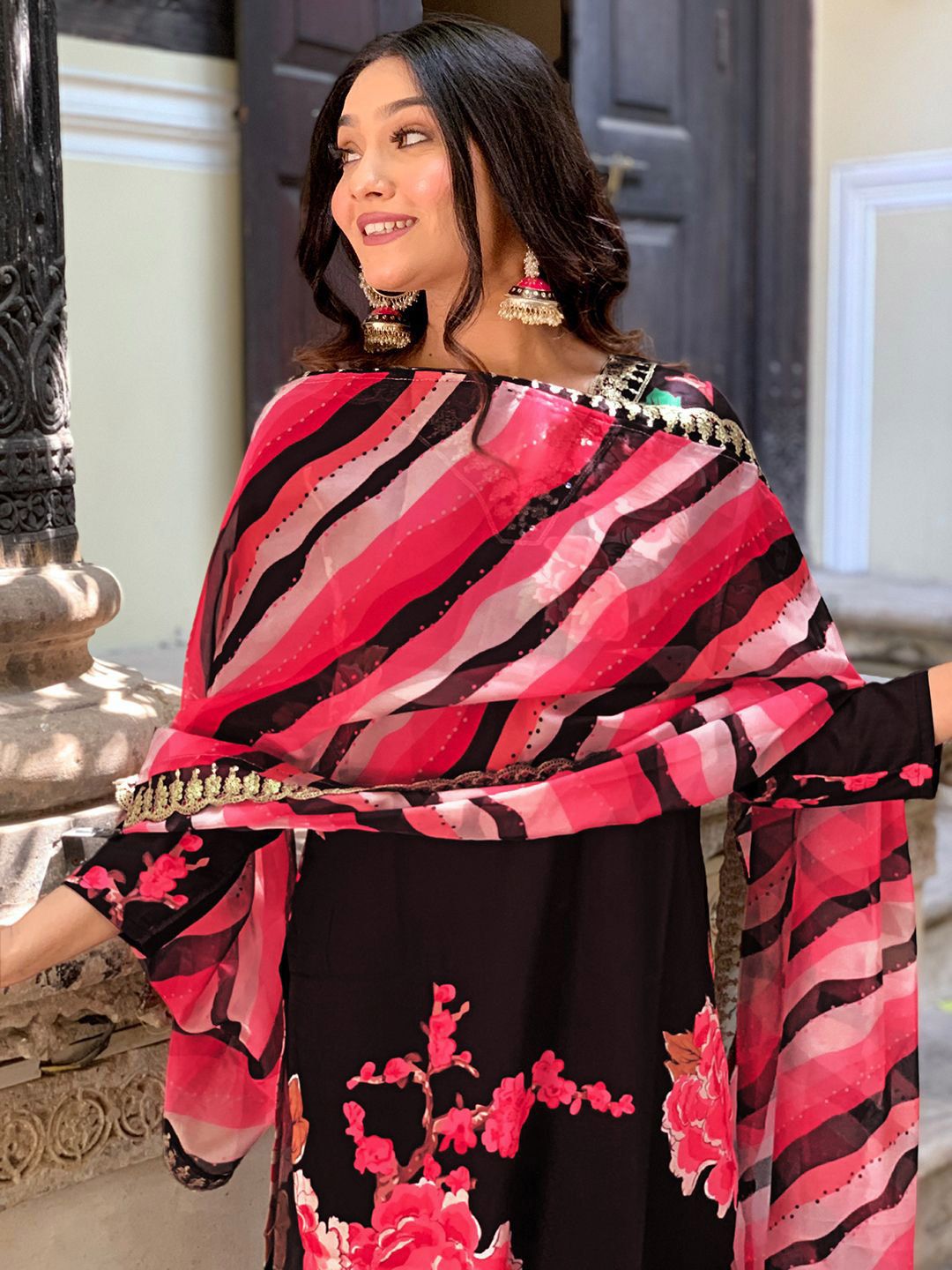 Kalini Floral Printed V-Neck Regular Gotta Patti Kurta ,Trousers & Dupatta - Distacart