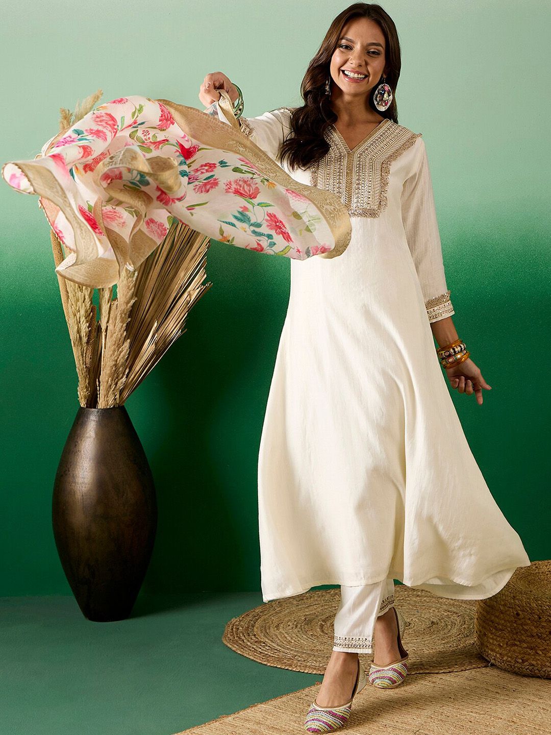 Sangria Off White Floral Embroidered Zari Sequence A-Line Kurta With Trouser & Dupatta - Distacart