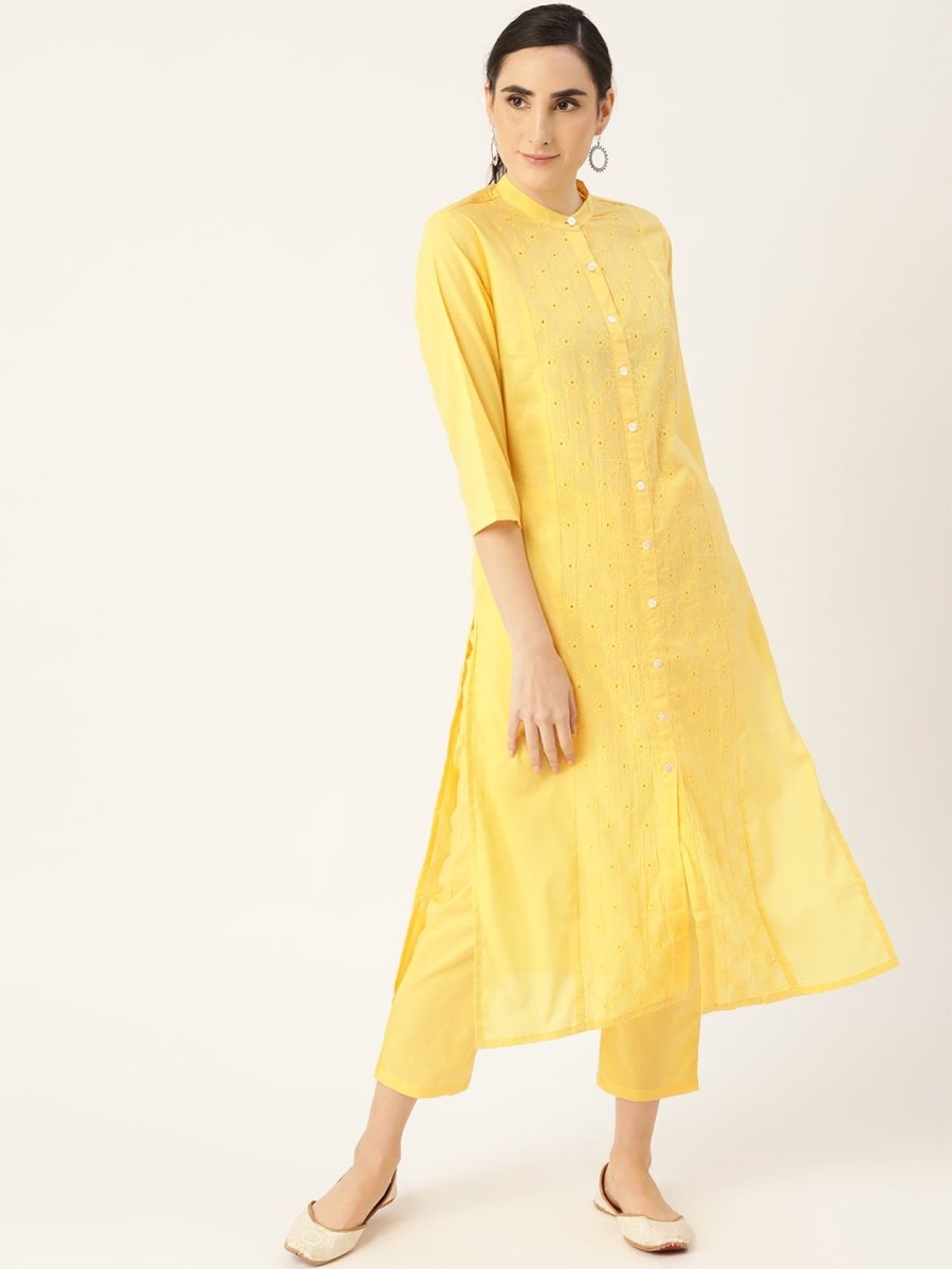 Anouk Women Yellow Ethnic Motifs Embroidered Panelled Pure Cotton Kurta with Trousers - Distacart