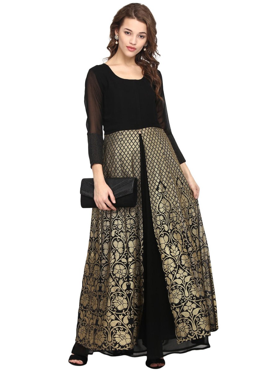 Ahalyaa Women Black & Golden Foil Print A-Line Kurta - Distacart