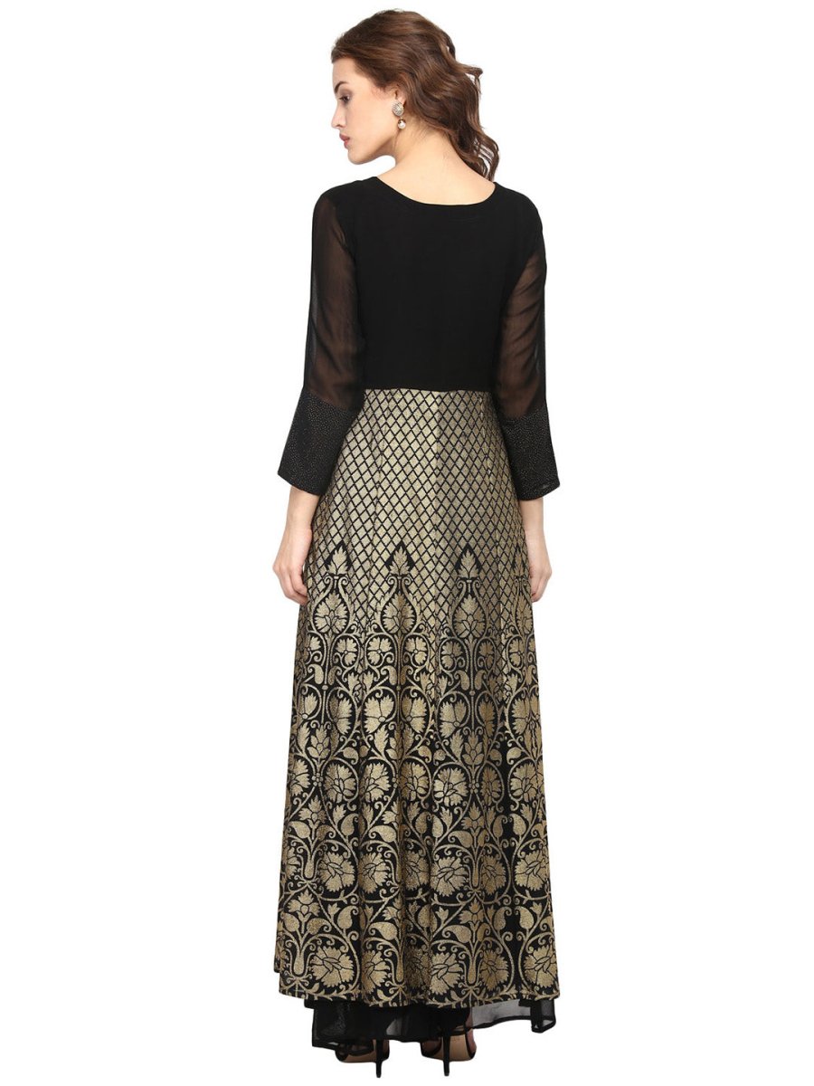 Ahalyaa Women Black & Golden Foil Print A-Line Kurta - Distacart