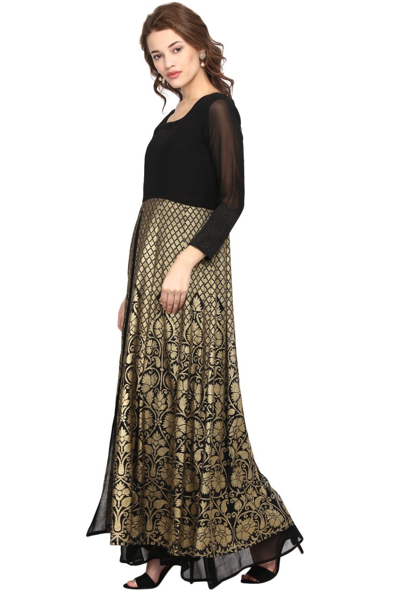 Ahalyaa Black & Golden Foil Print A-Line Kurta For Women