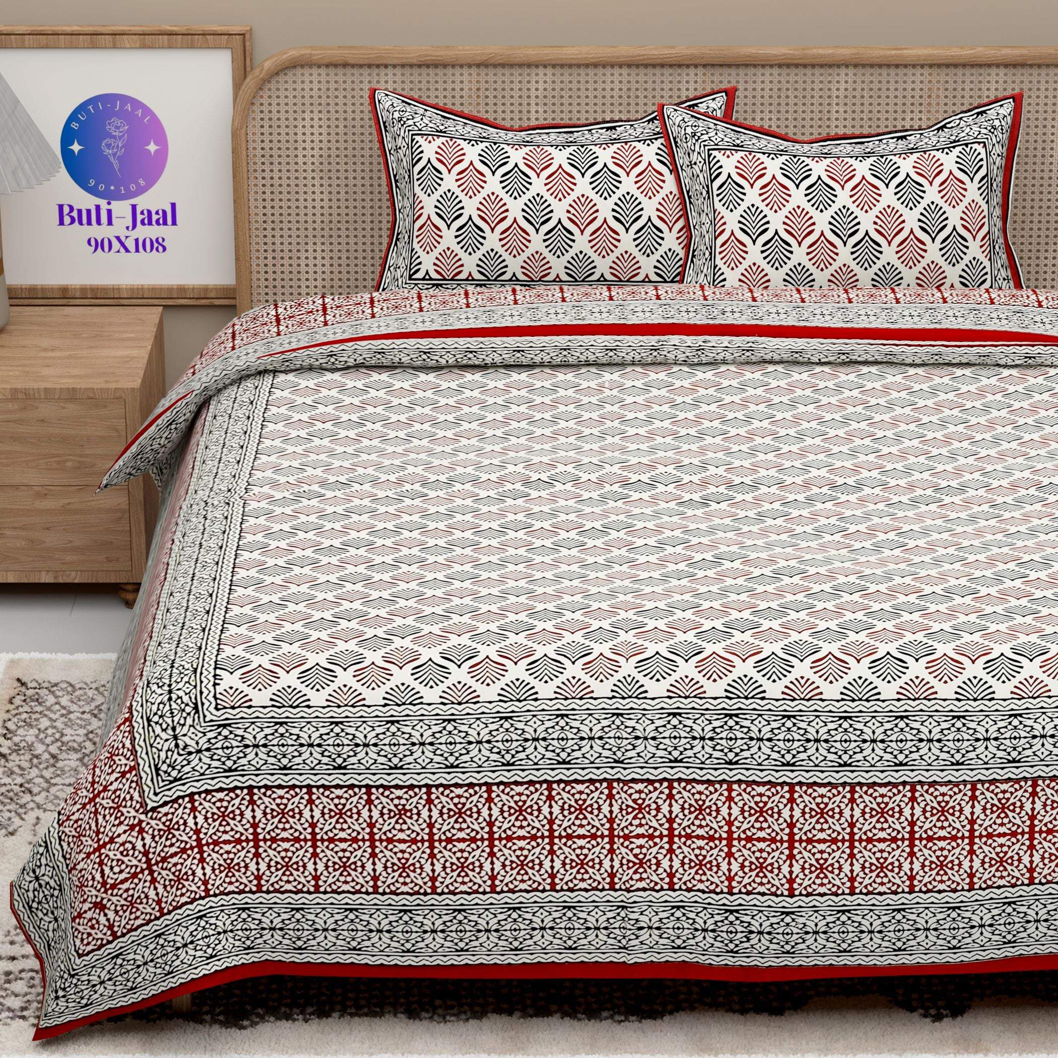 Red White Handblock Printed Cotton 200TC King Bedsheet With 2 Zipper Pillow Covers - King Size by House of Ree - Distacart