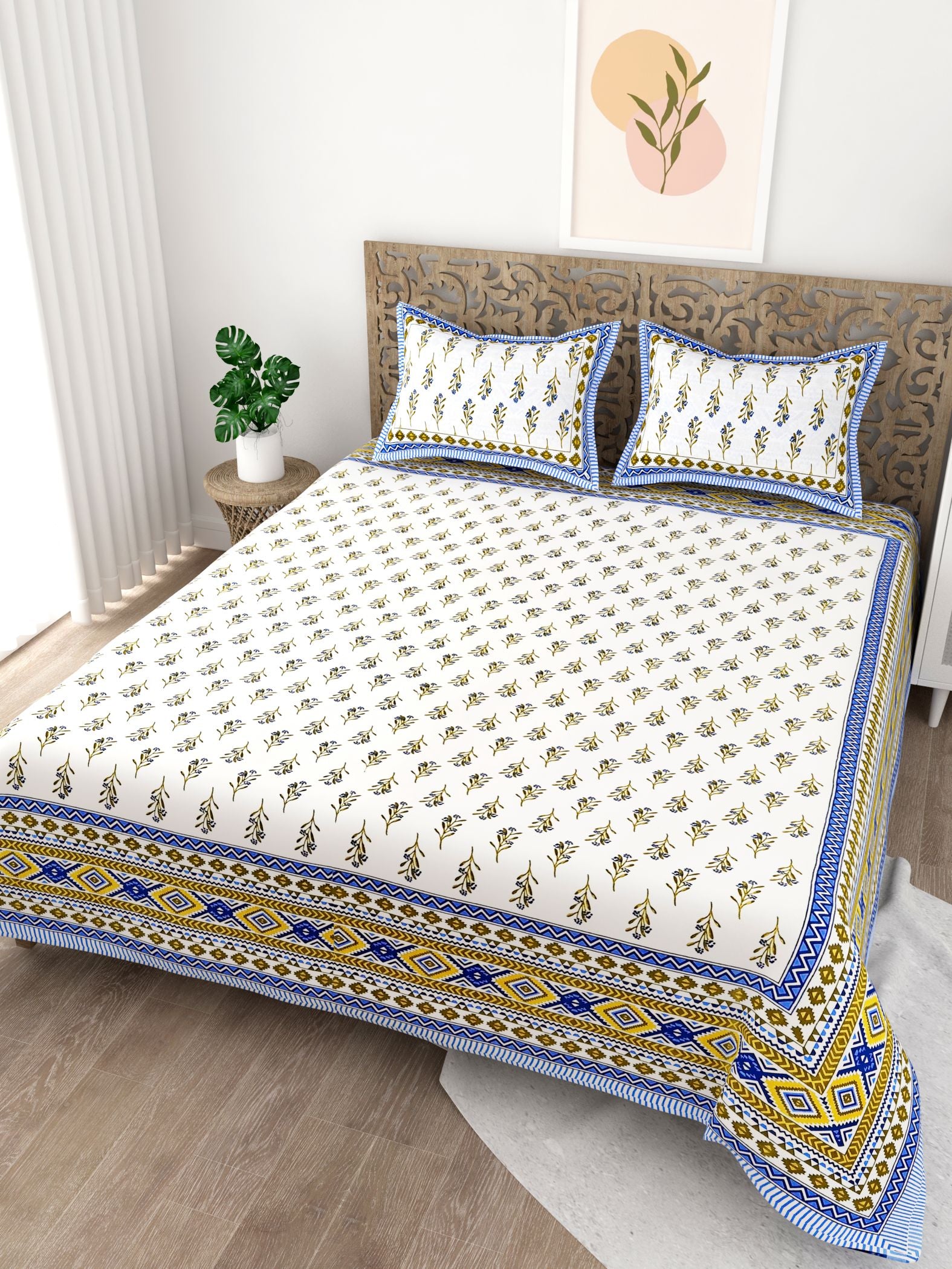 Blue Yellow Leaf Design Cotton 200TC King Bedsheet With 2 Zipper Pillow Covers - King Size by House of Ree - Distacart
