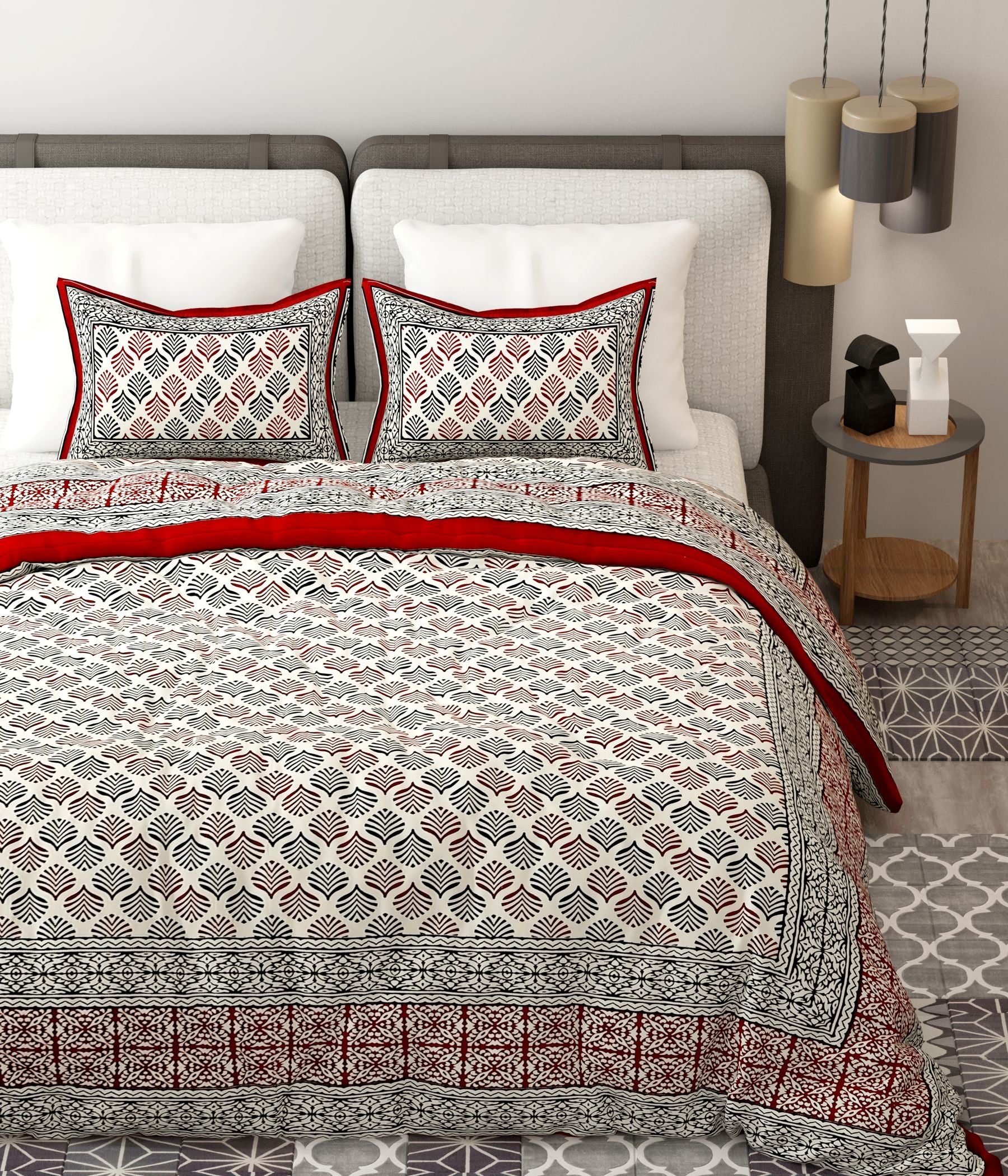 Red White Handblock Printed Cotton 200TC King Bedsheet With 2 Zipper Pillow Covers - King Size by House of Ree - Distacart