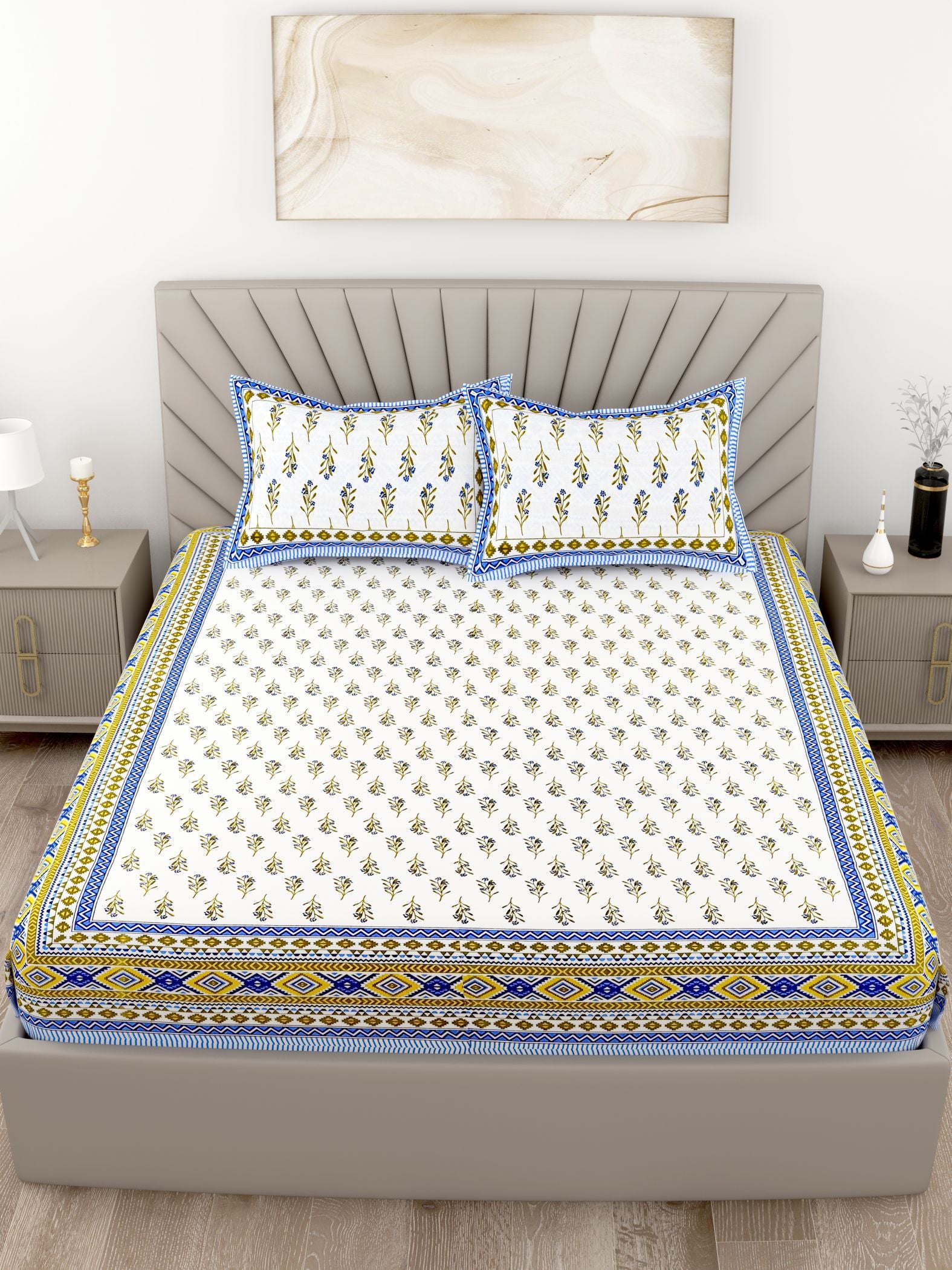 Blue Yellow Leaf Design Cotton 200TC King Bedsheet With 2 Zipper Pillow Covers - King Size by House of Ree - Distacart