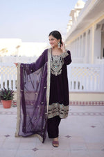 Thumbnail for Joban Fashion Wine Kurta Set Velvet Sequins , Zari, Coding & Thread Embroidered work - Distacart