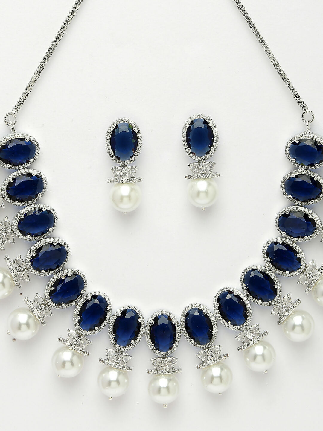 NVR Women's Silver-Plated Blue American Diamond Studded Handcrafted Jewellery Set - Distacart